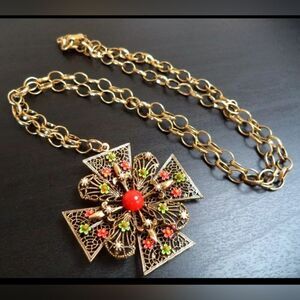 *RARE* VINTAGE ESTATE SIGNED ART ENAMELED FLOWER PENDANT 30" NECKLACE